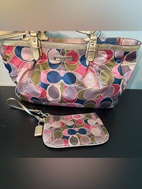 Coach Signature Scarf Sateen Tote, with matching wristlet/wallet.